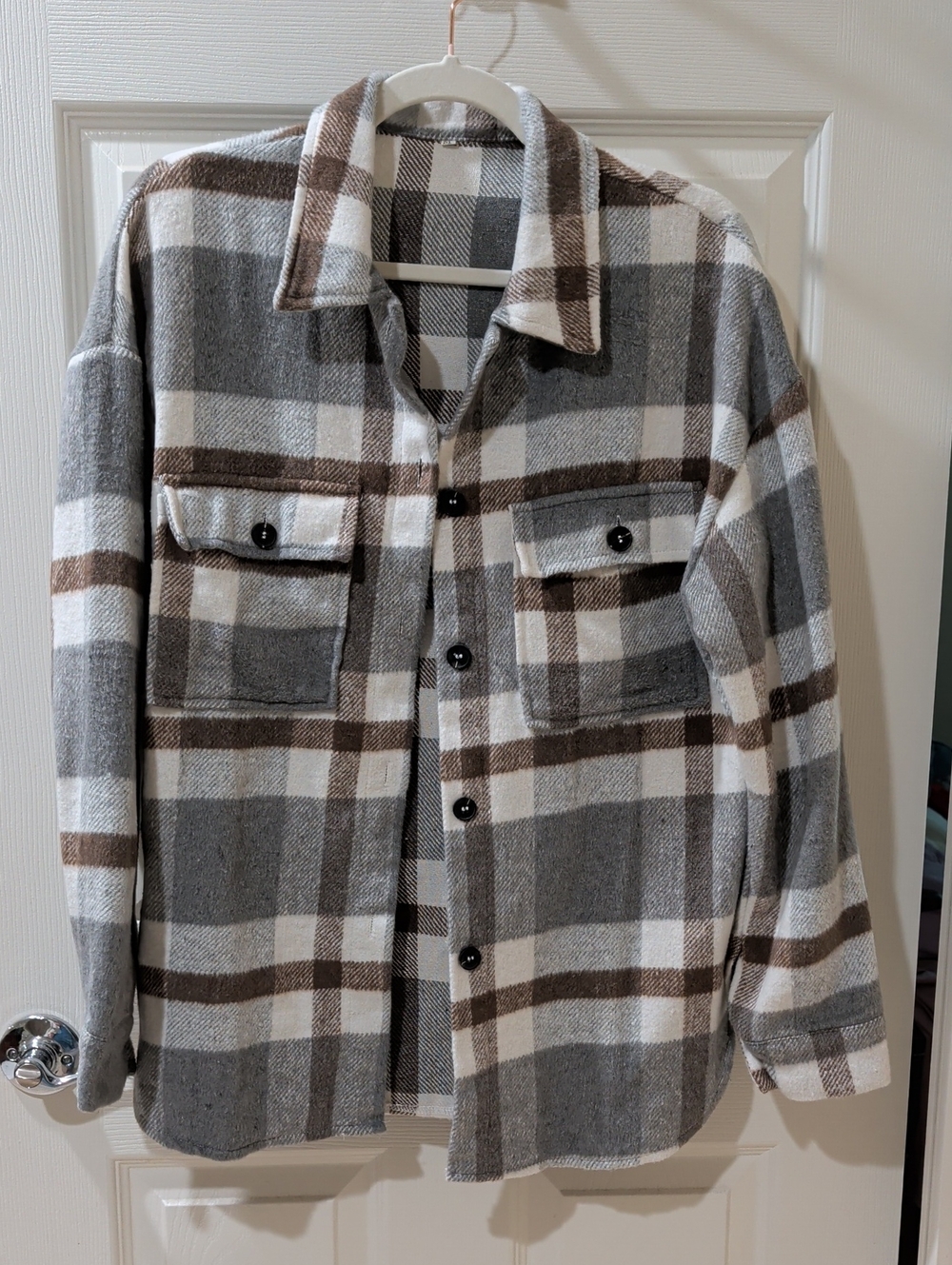 Plaid Button-Up Shacket in Gray, White & Brown